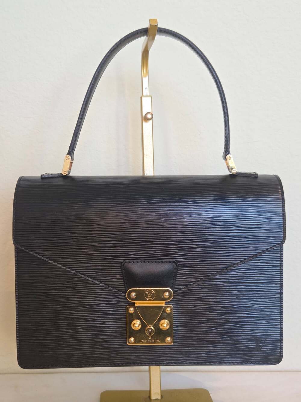 Louis Vuitton Vintage Black Epi Leather Monceau Handbag Gold Hardware Brass LV